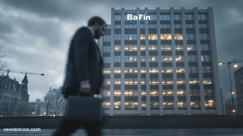 A cinematic photorealistic editorial photograph taken at street level in Frankfurt's financial district, with the BaFin headq