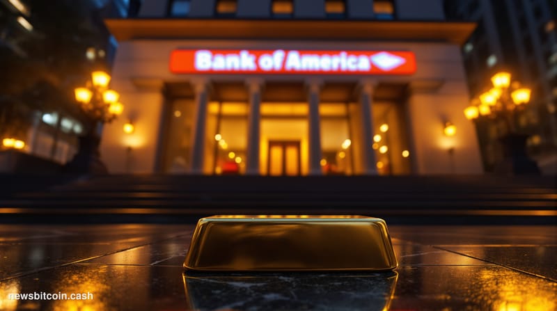 Cinematic photorealistic editorial photograph of a Bank of America branch exterior in a major U.S. financial district, shot a