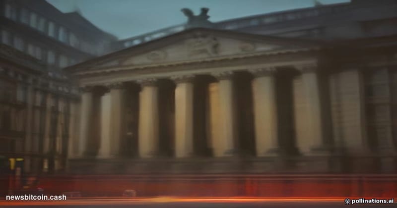 Cinematic photorealistic editorial photograph of the Bank of England's iconic neoclassical Threadneedle Street headquarters i
