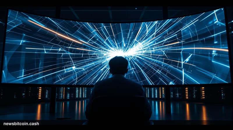 Cinematic photorealistic editorial photograph of a fractured digital performance chart displayed on a large curved monitor sc