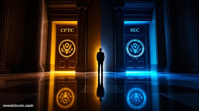A dramatic split-composition editorial photograph shot from a low angle inside a neoclassical federal government building cor