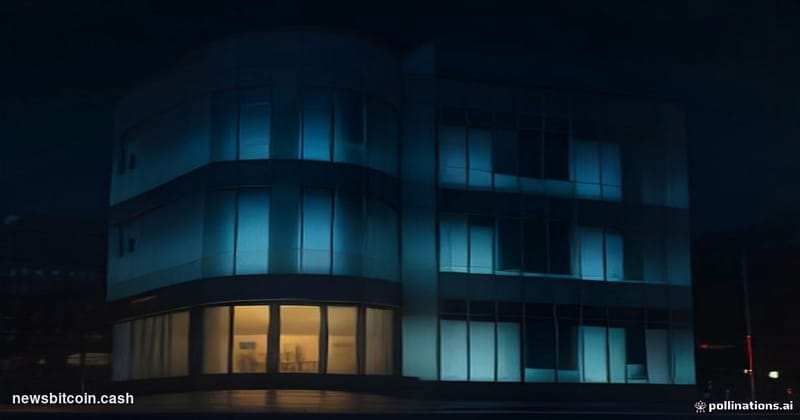 Cinematic photorealistic editorial photograph of the Binance global headquarters exterior at night, shot from a low-angle per