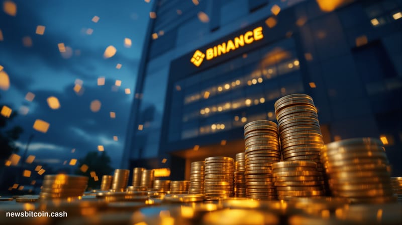 Cinematic photorealistic editorial photograph of the Binance global headquarters exterior at dusk, shot from a low angle look