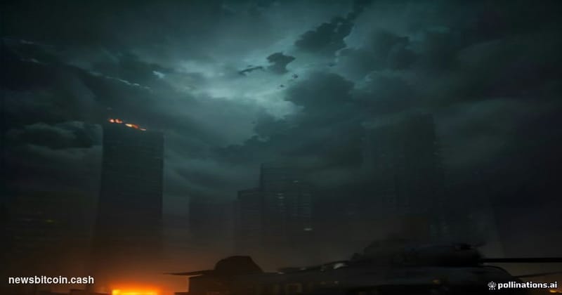 A cinematic photorealistic editorial photograph shot at ground level looking up at a large financial district trading screen 