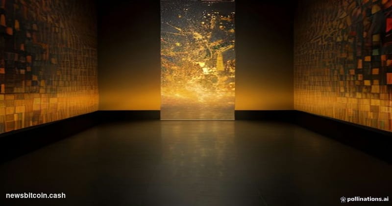 Cinematic photorealistic editorial photograph shot from a low angle looking up at a massive illuminated mosaic installation i