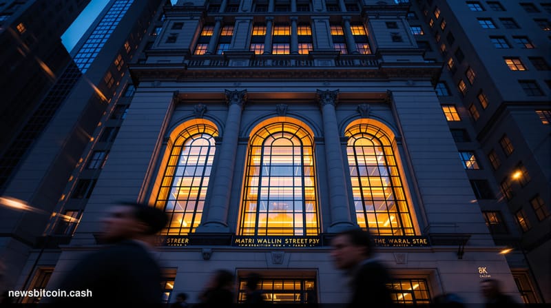 Cinematic photorealistic editorial photograph of the New York Stock Exchange's iconic neoclassical facade on Wall Street, sho
