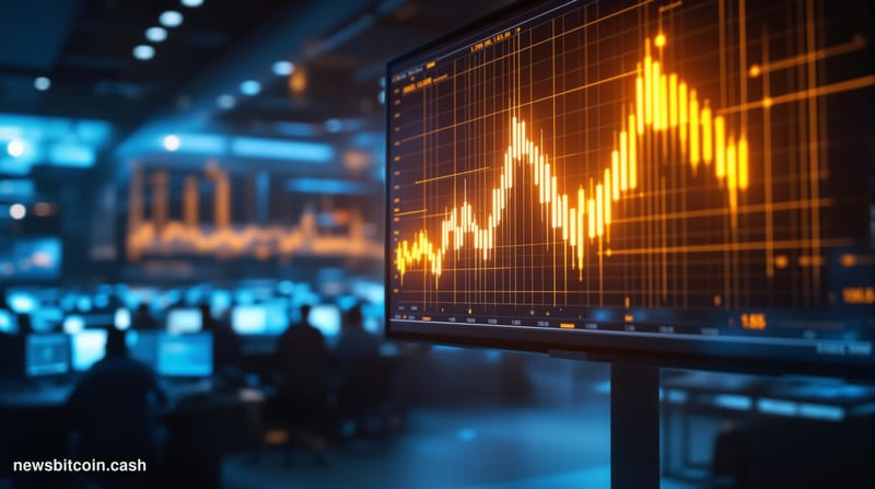 Cinematic photorealistic editorial photograph of a large financial trading floor at dusk, bathed in cool blue ambient light w