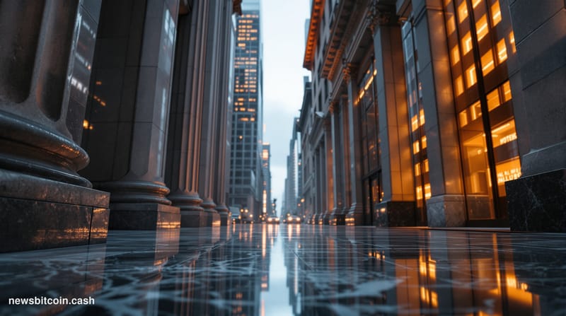 A cinematic photorealistic editorial photograph shot from a low angle looking up at Wall Street's iconic neoclassical stone f