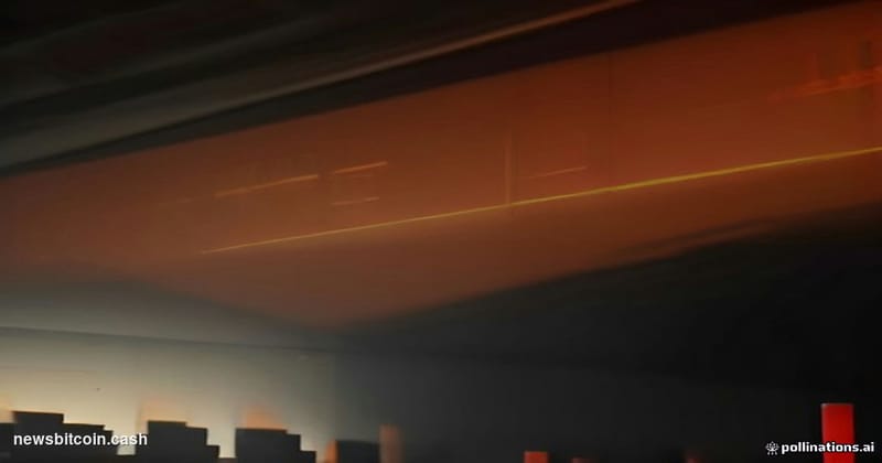 A dramatic cinematic editorial photograph set inside a darkened financial trading floor, shot from a low angle looking up at 