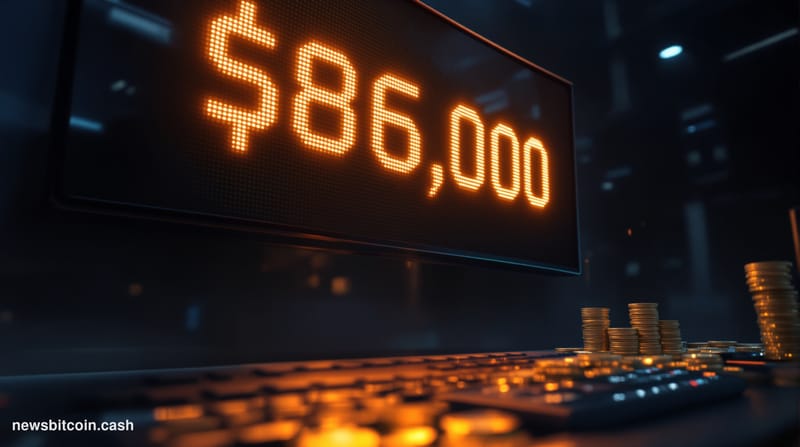 Cinematic photorealistic editorial photograph of a Bitcoin price ticker display mounted on a dark trading floor, glowing ambe
