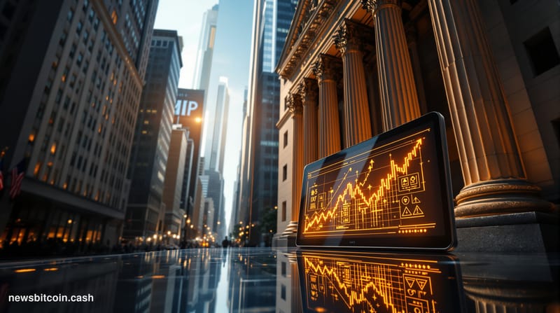 A cinematic photorealistic editorial photograph shot from a low angle looking up at the New York Stock Exchange façade on Wal