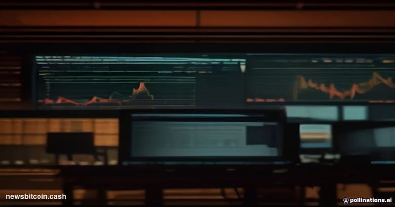 Cinematic photorealistic editorial photograph of a Bitcoin trader's workstation in a dimly lit trading floor, multiple monito