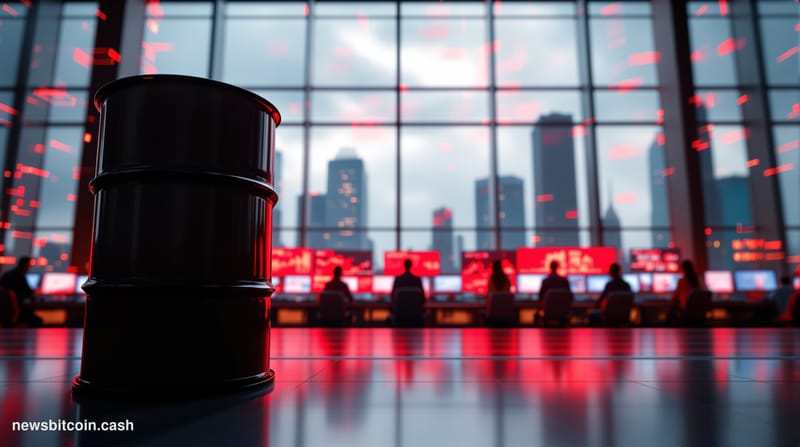 Cinematic photorealistic editorial photograph of a large financial trading floor viewed from a low angle, screens displaying 