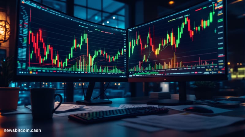 Cinematic photorealistic editorial photograph of a Bloomberg-style trading terminal in a dimly lit financial desk environment
