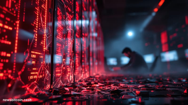 Cinematic photorealistic editorial photograph of a dramatic digital trading floor environment with shattered glass panels ref