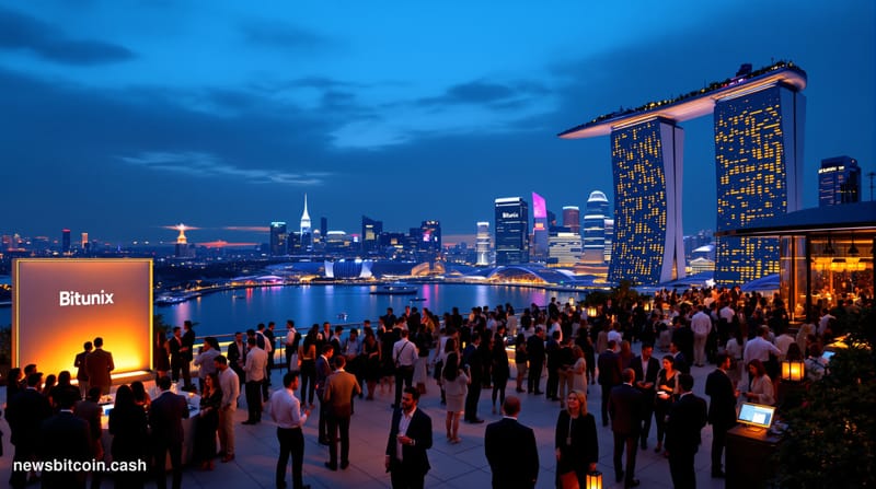 Cinematic photorealistic editorial photograph of a luxury rooftop venue at twilight overlooking Singapore's Marina Bay, with 