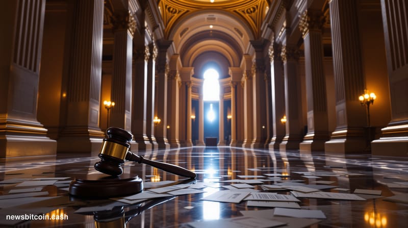 A cinematic photorealistic editorial photograph set inside a grand U.S. Senate chamber corridor, shot from a low angle lookin