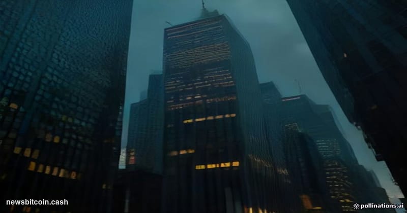 Cinematic photorealistic editorial photograph of a gleaming Wall Street financial district intersection at dusk, shot from a 
