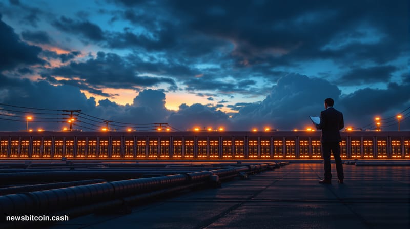 Cinematic photorealistic editorial photograph of a massive, industrial-scale data center facility shot at dusk from a low wid