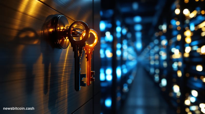A cinematic photorealistic editorial photograph set inside a cold, dimly lit server room with three physical master keys moun