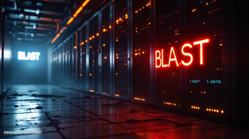 A cinematic photorealistic editorial photograph of a crumbling, dimly lit server room with rows of dark, powered-down rack se