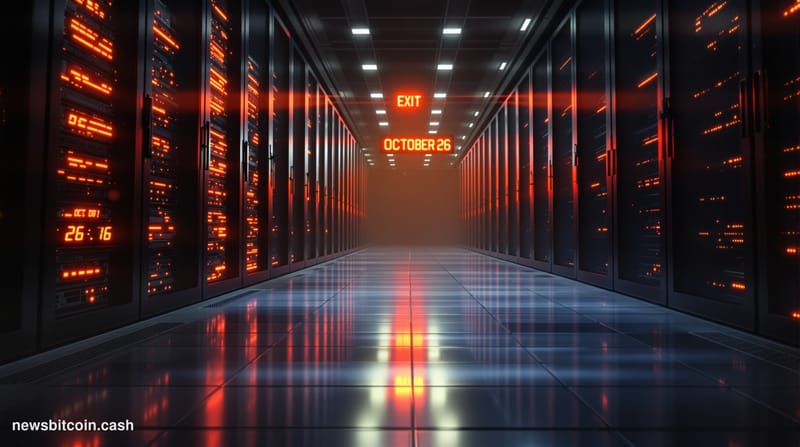 A cinematic photorealistic editorial photograph depicting a decommissioned data center corridor with server racks powering do