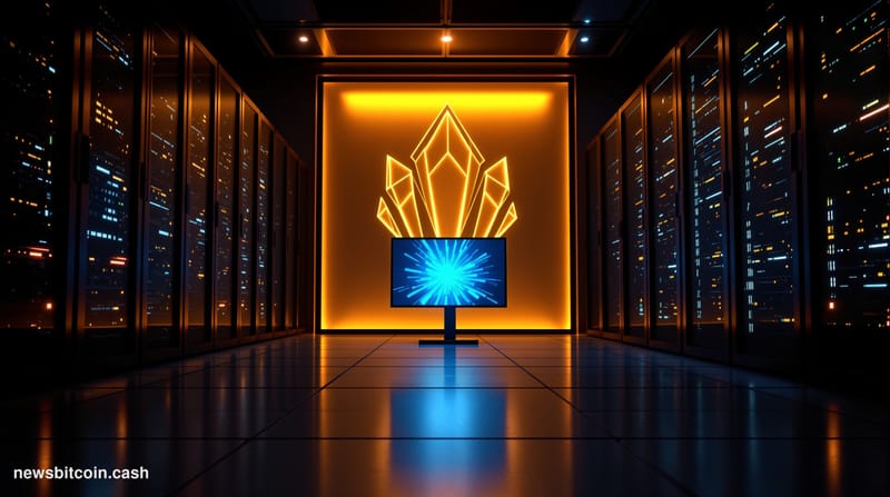 A cinematic photorealistic editorial photograph of a darkened server room with rows of rack-mounted hardware gradually poweri