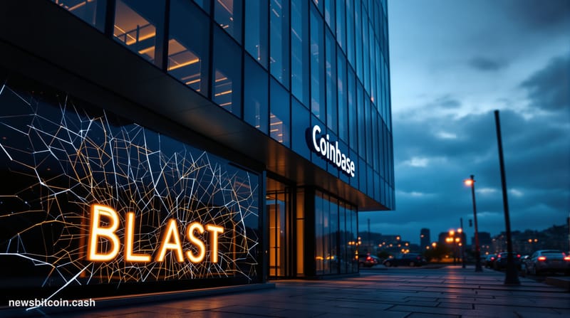 Cinematic photorealistic editorial photograph of the Coinbase San Francisco headquarters exterior at dusk, dramatic side-ligh