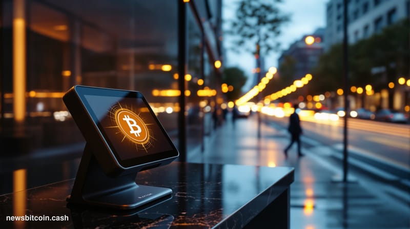 Cinematic photorealistic editorial photograph of a sleek, modern retail payment terminal glowing with a warm amber Bitcoin sy