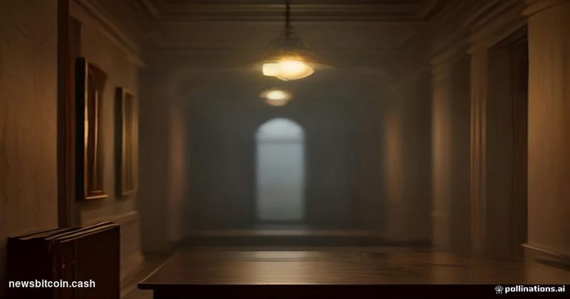 A cinematic photorealistic editorial photograph set inside a dimly lit Washington D.C. government corridor, marble columns fa