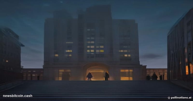 Cinematic photorealistic editorial photograph of the Brooklyn District Attorney's office building exterior in downtown Brookl
