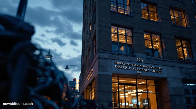 Cinematic photorealistic editorial photograph of the Brooklyn District Attorney's Office exterior on Jay Street in downtown B