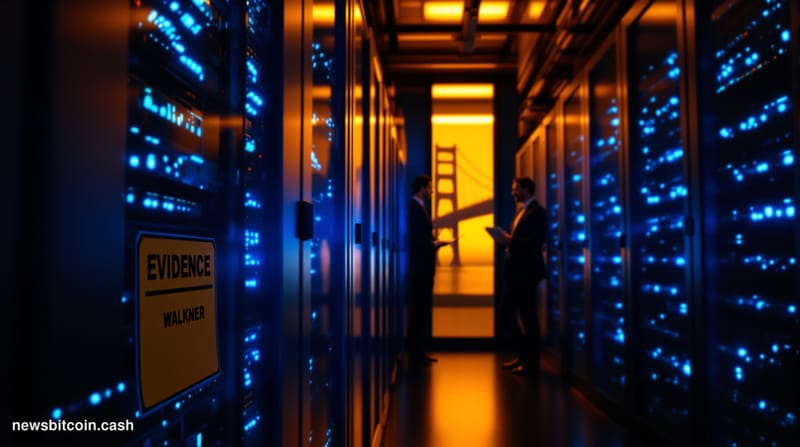 A cinematic photorealistic editorial photograph taken inside a dimly lit server room, with rows of rack-mounted servers casti