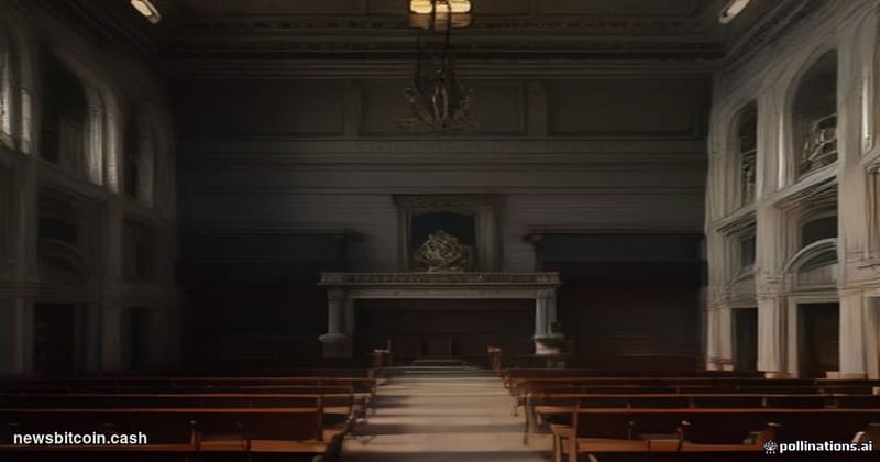 A cinematic photorealistic editorial photograph set inside a dramatic Canadian courthouse interior — soaring stone columns, d