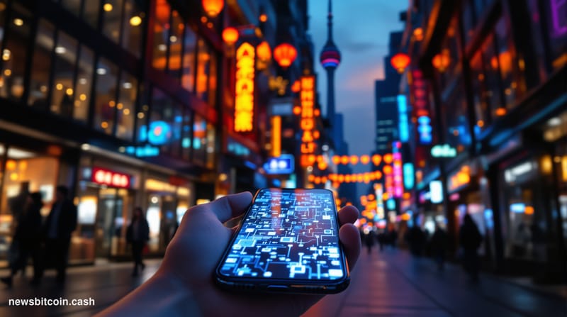 Cinematic photorealistic editorial photograph of a busy urban money transfer corridor in Toronto's Chinatown district, shot f