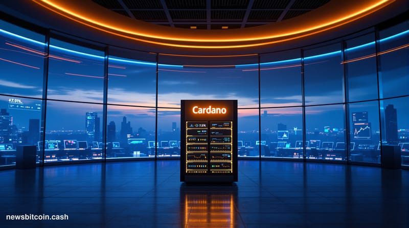 A cinematic photorealistic editorial photograph of a sleek financial operations center bathed in deep blue ambient light with