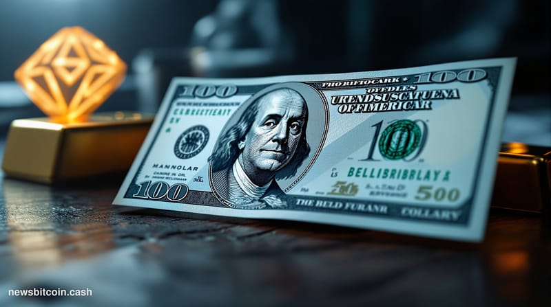 Cinematic photorealistic editorial photograph of a dramatic close-up of a crisp US hundred-dollar bill in the foreground with