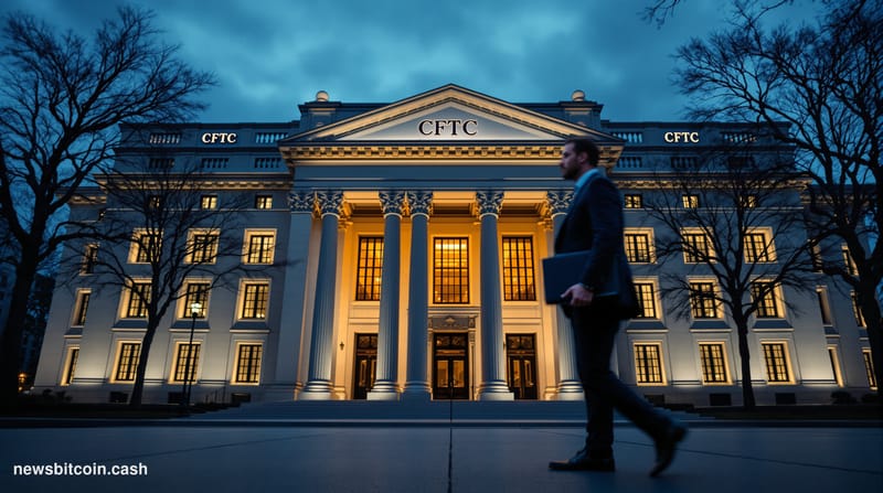 A cinematic photorealistic editorial photograph of the exterior of the CFTC headquarters building in Washington D.C., shot at