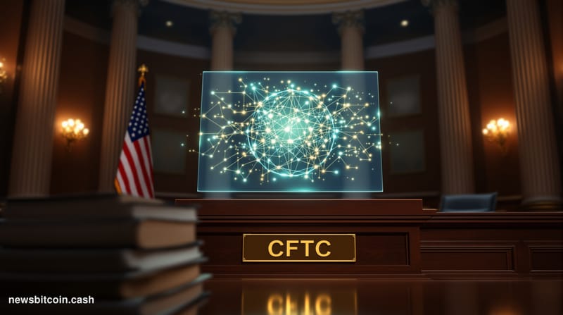 A cinematic photorealistic editorial photograph set inside a formal Washington D.C. federal hearing chamber, with warm amber 