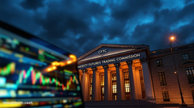 A cinematic photorealistic editorial photograph set inside the Commodity Futures Trading Commission's Washington D.C. headqua