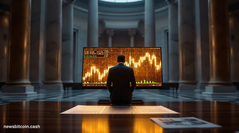 A cinematic photorealistic editorial photograph set inside a formal Washington D.C. regulatory building — marble columns and 