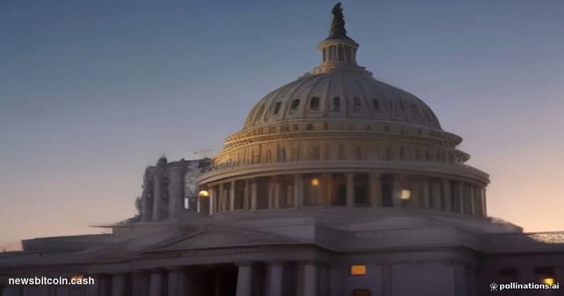 A cinematic photorealistic editorial photograph of the CFTC headquarters building in Washington D.C., shot from a low angle a