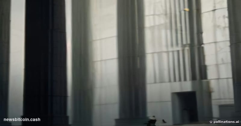 Cinematic photorealistic editorial photograph shot at a low angle looking up at the imposing brutalist stone facade of the CF