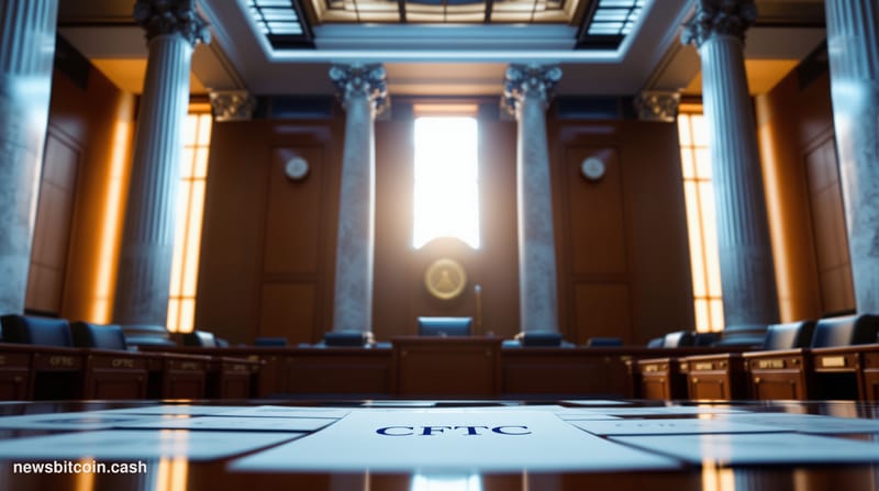A cinematic photorealistic editorial photograph set inside a grand federal regulatory hearing room in Washington D.C., with m