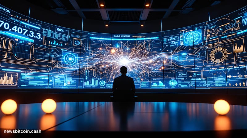 Cinematic photorealistic editorial photograph of a dimly lit blockchain analytics operations center, multiple ultra-wide curv