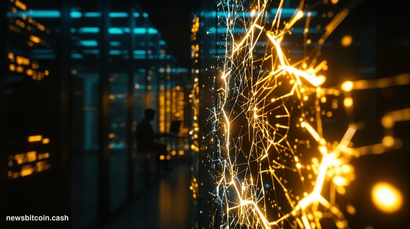 Cinematic photorealistic editorial photograph, shot from a low angle looking up at a dark server room corridor with cold blue