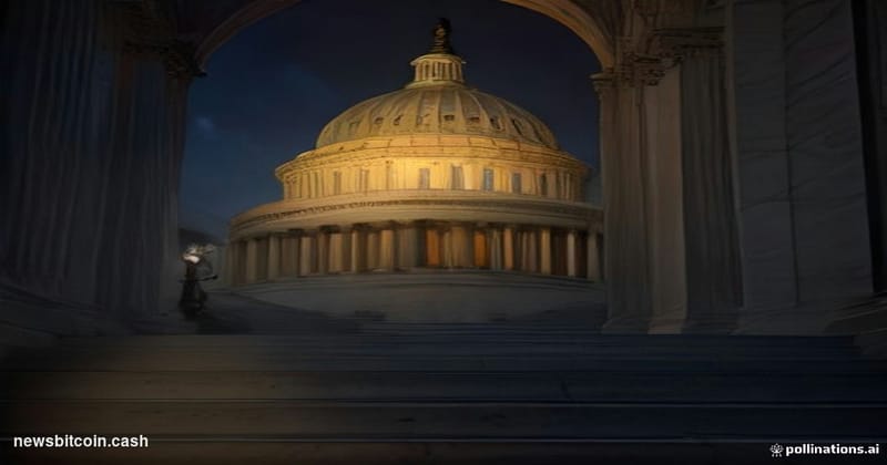 Cinematic photorealistic editorial photograph shot from a low angle looking up at the U.S. Capitol building at dusk, its neoc