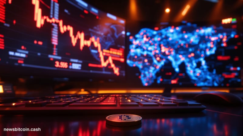 Cinematic photorealistic editorial photograph of a dimly lit cryptocurrency exchange operations center, with large curved mon