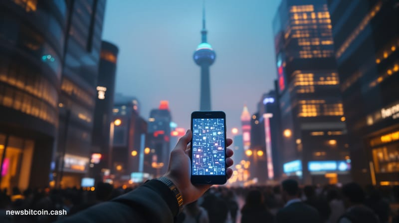 Cinematic photorealistic editorial photograph shot at ground level looking up at a dense urban canyon in Shanghai's Pudong fi