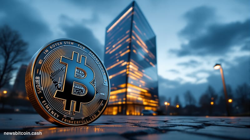A cinematic photorealistic editorial photograph set outside the European Central Bank's distinctive angular glass and steel h